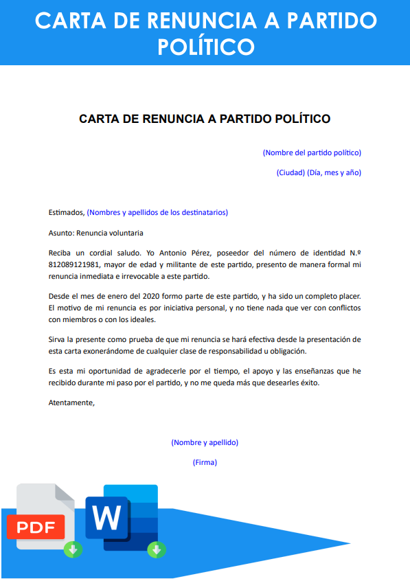 Ejemplo de Carta de renuncia a un partido político - Word